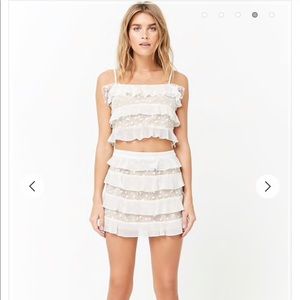 Embroidered white nude ruffle lace skirt set